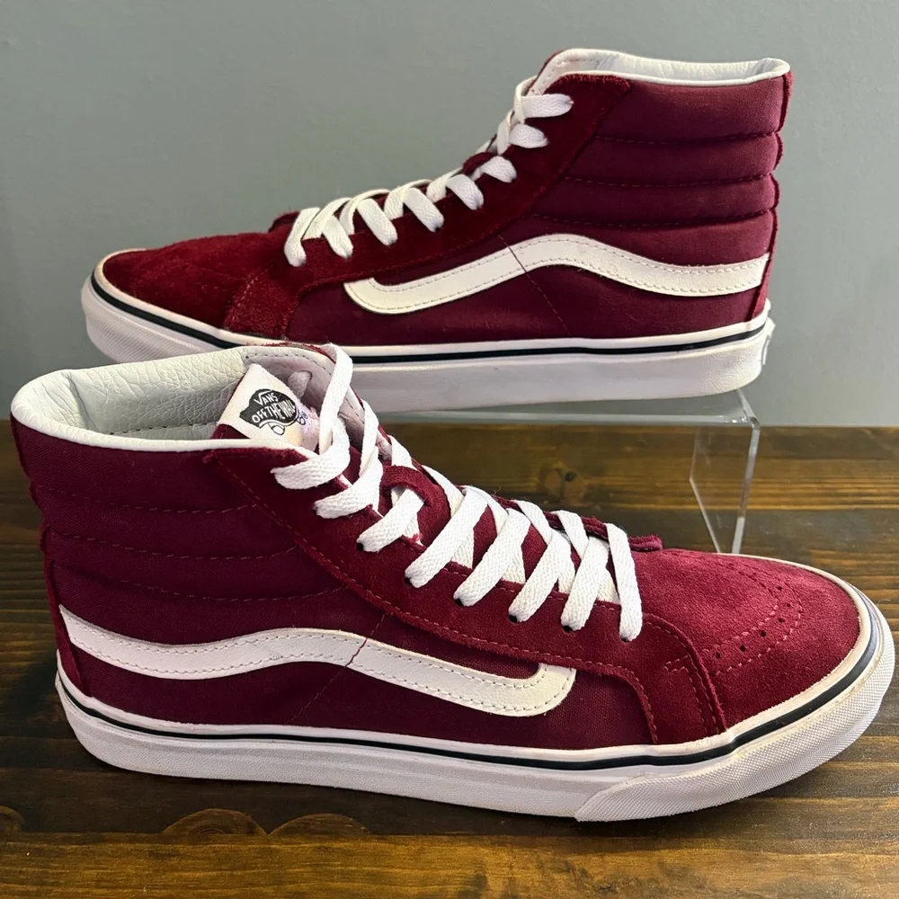 Vans SK8-HI Men's High-Top Sneakers - Burgundy and White Men’s 8.5 Women’s 10